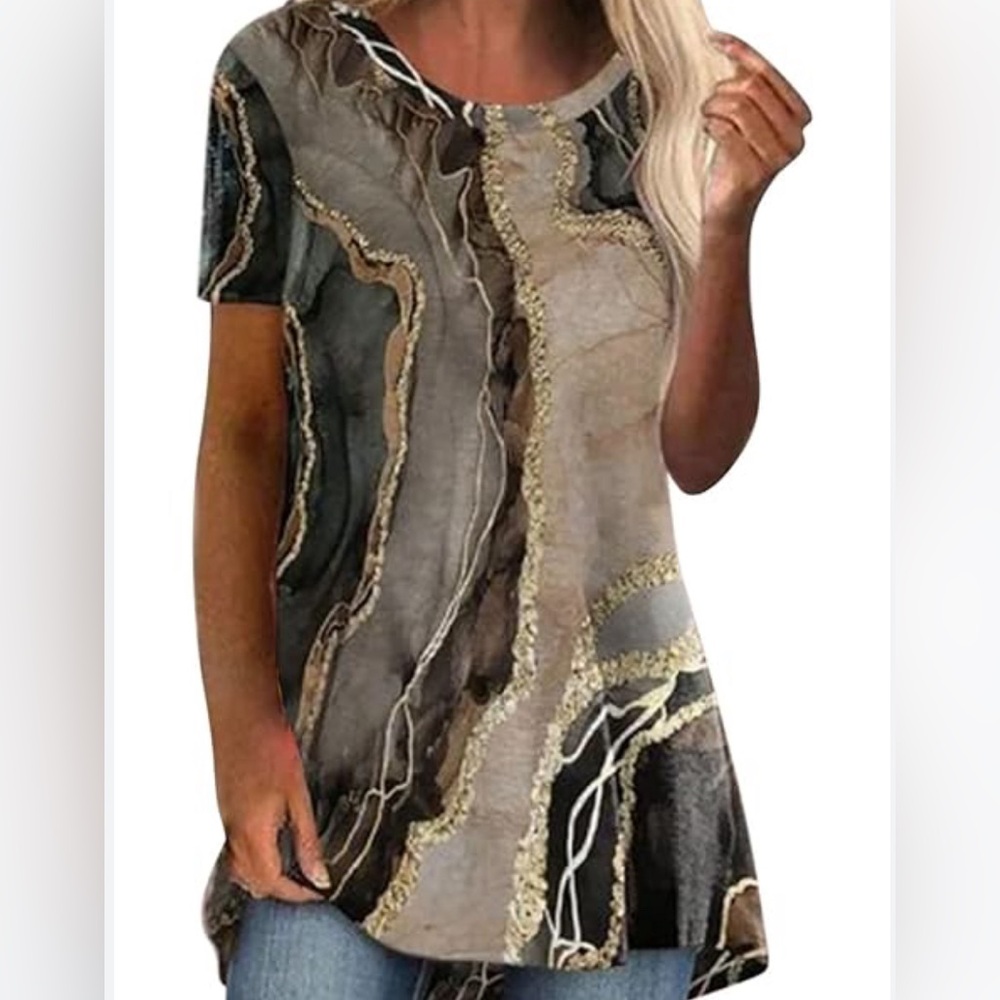 Women’s Tunic Top Relaxed Tshirt Crew Neck Fashion Marble Print Size XL - 3XL
